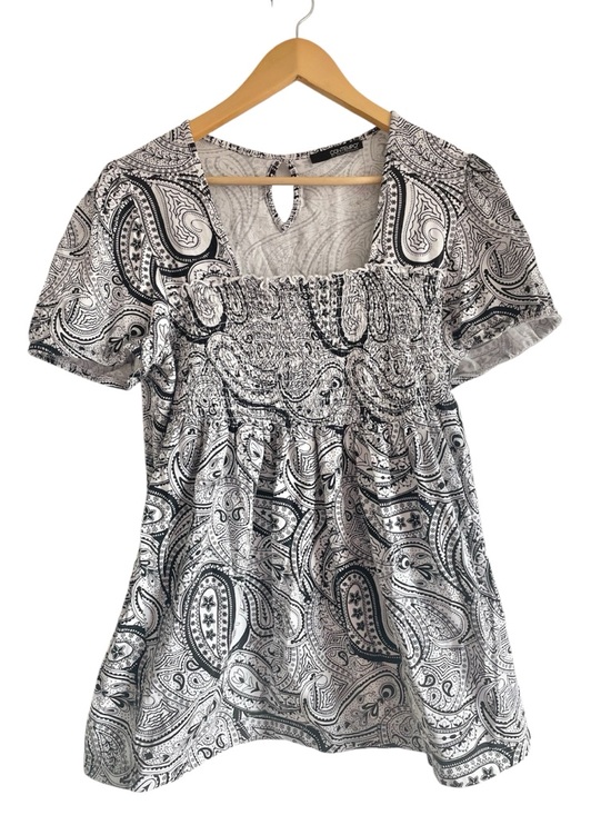 Contempo Tops - Black White Paisley Smocked Cotton Top Babydoll Y2K Festival Peasant Romantic